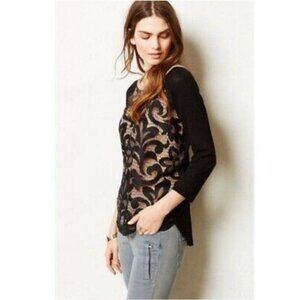 Anthropologie Dolan T-Shirt Sz Large Black Nude Filigree Lace 3/4 Sleeve